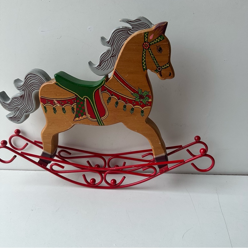 Vintage Wood Rocking Horse Christmas Decor Red Metal Base Figurine Tabletop